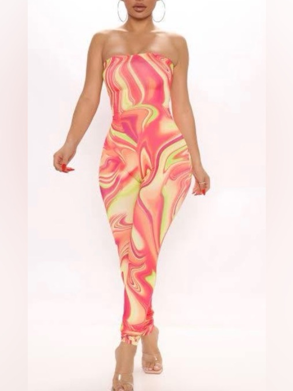 Fashion Nova Nadia Swirl Jumpsuit in the "Orange/combo" Size S
